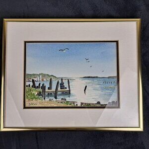 Watercolor Print Dock & Water Scene Gold Frame w/Glass Artist Signed Lukovic